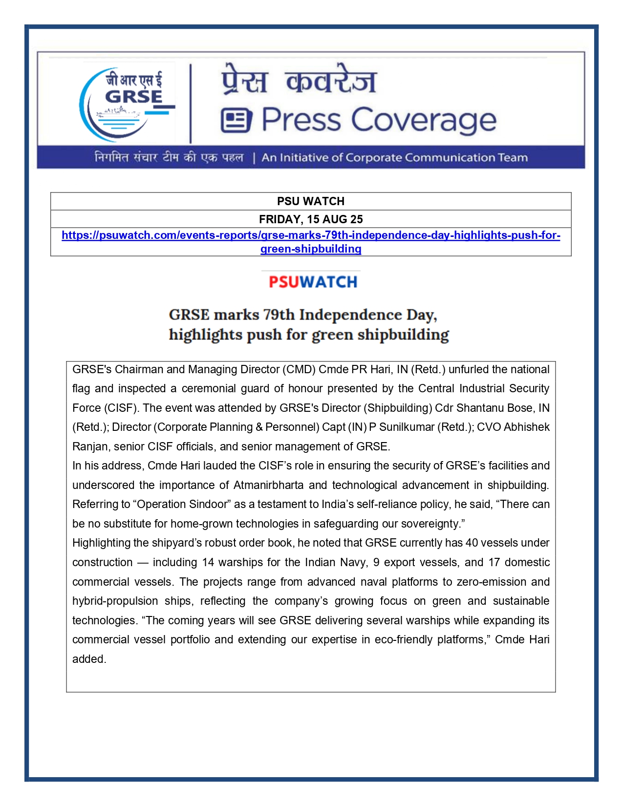 Press Coverage : 15 Aug 25:GRSE delivers survey vessel Ikshak to Navy